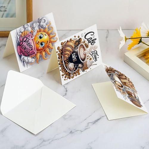 6 Pcs 5D DIY Diamond Painting Greeting Card Kit Coffee Afternoon Tea, Diamond Art Christmas Birthday Holiday Greeting Card, Art Crafts Kit Creative with Envelope - Image 3