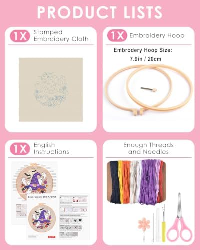 TINDTOP Halloween Embroidery Kit for Adult, Embroidery DIY Starter Kit, with Stamped Patterns, Hoop, Tools, Colorful Threads with Needles, Instructions (Halloween C) - Image 2