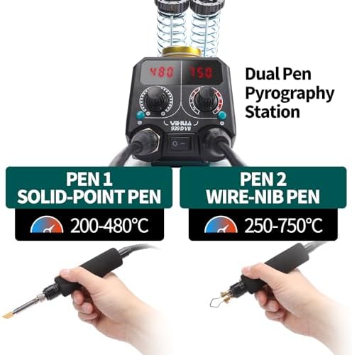 YIHUA 939D-VII Pyrography Tool Wood Burning Pen Kit Station 2-in-1 Solid-Point 200~480°C (with Temp Display)/Wire-Nib 250~750°C with 23 Nibs, 25 Solid Points, 4 Woodpieces - Image 2