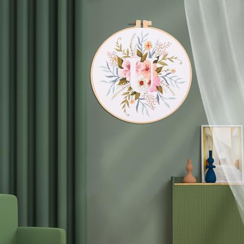 IUHUI Embroidery Kit for Beginners Adults - 26 Floral Letters Easy Patterns, DIY Hand Stitching Embroidery Set with Hoop (Flower and Grass Letter U) - Image 3