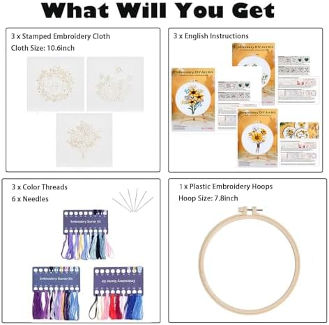 GLTAYLMY 3 Sets Embroidery Starter Kit with Pattern and Instructions, Cross Stitch Set, Stamped Embroidery Kits with 3 Embroidery Clothes with Pattern, 1 Embroidery Hoop(Sunflower) - Image 3