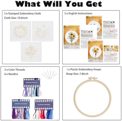 GLTAYLMY 3 Sets Embroidery Starter Kit with Pattern and Instructions, Cross Stitch Set, Stamped Embroidery Kits with 3 Embroidery Clothes with Pattern, 1 Embroidery Hoop(Sunflower) - Image 3