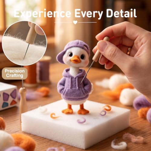 DIY Needle Felting Kit Cute White Duck in Purple Hoodie – Needle Felting Starter Kit with Fiber Roving, Needles, Felting Pad & Instructions | Felted Bird Character Kit for Beginners Adults - Image 4