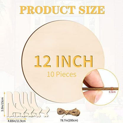 12 Inch Wood Circles for Crafts, 10Pcs Unfinished Wood Rounds with Holders for Cricut Projects, Burning, Painting, Door Hanger, DIY Wooden Crafts Gifts for Halloween Fall Holiday Home Decor(10PCS) - Image 2