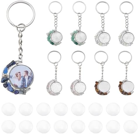 DICOSMETIC 10 Sets Keychain Pendant Tray Moon Rotation Double-Sided Bezel Pendant Trays Cabochon Keychain Kit Blanks Alloy Gemstone Keychains with 20Pcs Glass Cabochons for Photo Resin Jewelry Making by DICOSMETIC