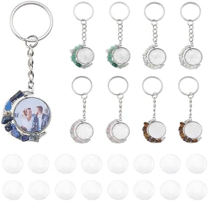 DICOSMETIC 10 Sets Keychain Pendant Tray Moon Rotation Double-Sided Bezel Pendant Trays Cabochon Keychain Kit Blanks Alloy Gemstone Keychains with 20Pcs Glass Cabochons for Photo Resin Jewelry Making by DICOSMETIC