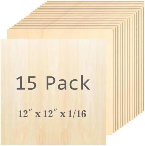 Unfinished Wood Pieces,15 Pack Basswood Sheets 1/16,Basswood Plywood Wood Sheets for Crafts,Perfect for Painting, Drawing, Laser, Engraving, Burning and CNC Cutting (12 x 12 inch - 1.5mm) by Unknown