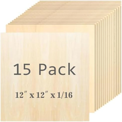 Unfinished Wood Pieces,15 Pack Basswood Sheets 1/16,Basswood Plywood Wood Sheets for Crafts,Perfect for Painting, Drawing, Laser, Engraving, Burning and CNC Cutting (12 x 12 inch - 1.5mm) by Unknown