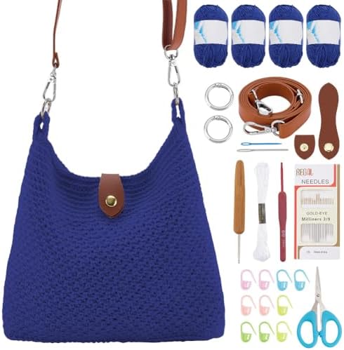 ACRNIGHEET Crochet Bag Kit for Beginners Crochet Purse for Women DIY Tote Bag Making Kit with Step-by-Step Tutorials Knitting Supplies for Adults Crafts Boho Gift Idea (Blue) by ACRNIGHEET