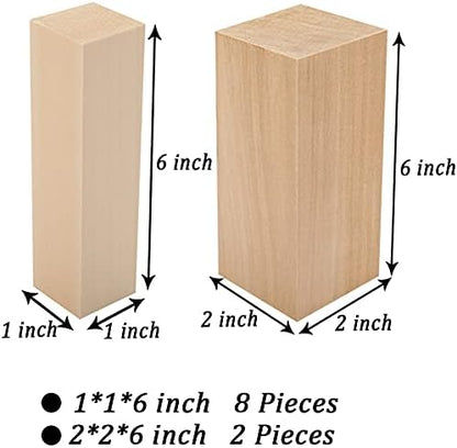 10 Pack Unfinished Basswood Carving Blocks Kit, Rectangular Wooden Blocks for DIY Carving, Crafting and Whittling for Adults Beginner and Experts(6 x 1 x 1 inch, 6 x 2 x 2 inch) - Image 2