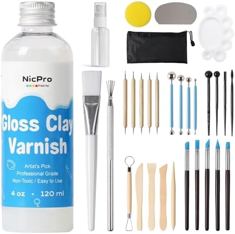 Nicpro 120ml Air Dry Clay Glaze and 32 PCS Clay Tools Kit, Gloss Varnish by Nicpro