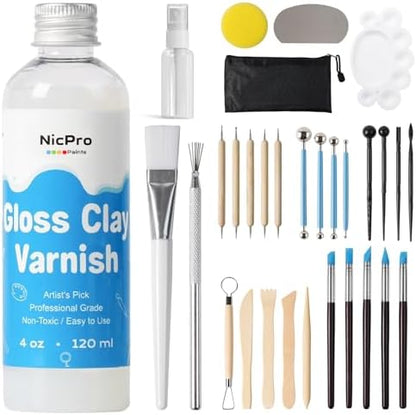 Nicpro 120ml Air Dry Clay Glaze and 32 PCS Clay Tools Kit, Gloss Varnish by Nicpro