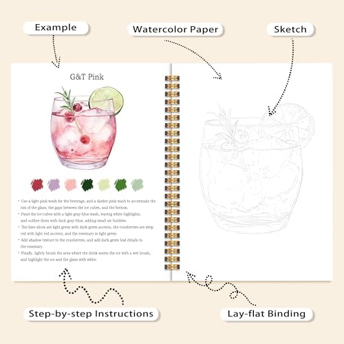 Easy Cocktail Watercolor Workbook for Beginners, Water Coloring Book, 18 Colors Watercolors Paint Set, 12 Patterns Watercolor Kit for Beginners, Creative Art Gift for Adults Women Teen - Image 4