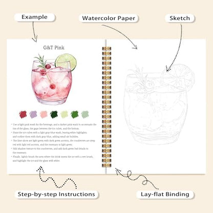 Easy Cocktail Watercolor Workbook for Beginners, Water Coloring Book, 18 Colors Watercolors Paint Set, 12 Patterns Watercolor Kit for Beginners, Creative Art Gift for Adults Women Teen - Image 4