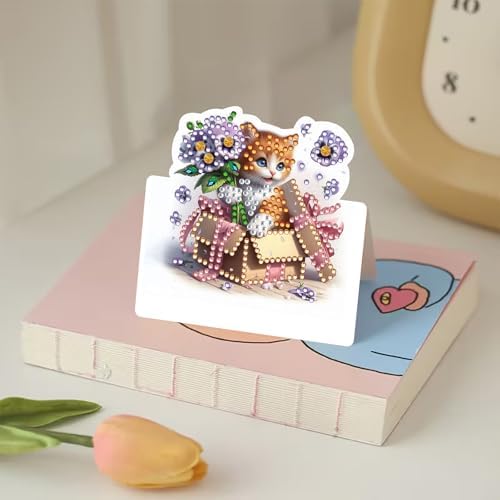 5D Diamond Art Painting Greeting Cards Kit, Cat and Flowers Design, DIY 6 Packs Thank You Cards with Envelopes, Full Drill Round Diamonds Craft for Adults, Cute Animal Gift for Women Beginners - Image 3