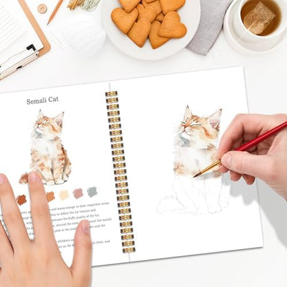 Easy Cat Watercolor Workbook for Beginners, Water Coloring Book, 18 Colors Watercolor Paint Set, 12 Patterns Watercolor Kit, Relaxing DIY Gift for Cat Lovers, Adults and Women Teen - Image 5