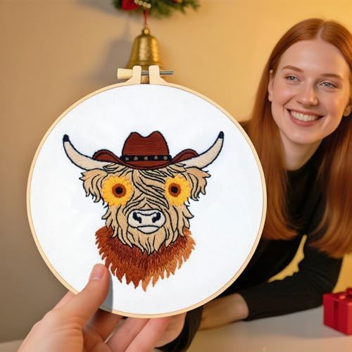 Highland Cow Embroidery Kits for Beginners Adults, Animal Hand Embroidery Starters Kits, Stamped Cross Stitch Kits DIY Needlepoint Kits for Beginners Adults, Embroidery Hoop, Thread and Video Tutorial - Image 4