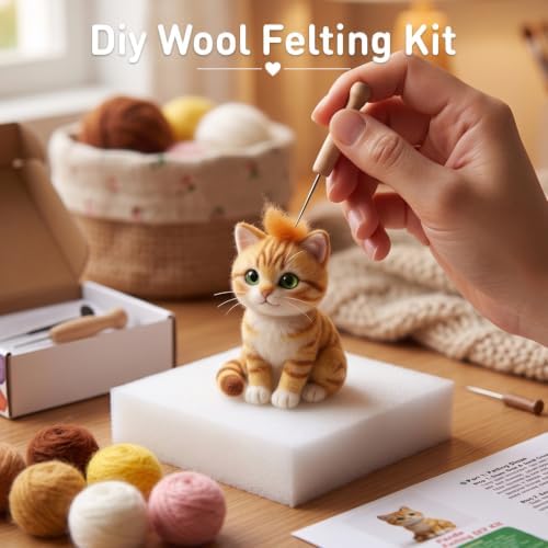 DIY Needle Felting Kit Cute Orange Tabby Cat – Needle Felting Starter Kit with Fiber Roving, Needles, Felting Pad & Instructions | Felted Cat Kit for Beginners Adults | DIY Craft Gift Home Decoration - Image 6