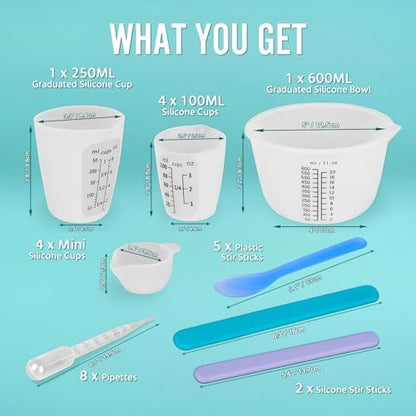 Silicone Resin Mixing Measuring Cups for Resin Supplies, Easy-to-Read Marks, 600ml/20oz Bowl, 250&100ml Thickened Reusable Silicone Cups for Epoxy Mixing, with Stir Sticks, Jewelry Making - Image 2