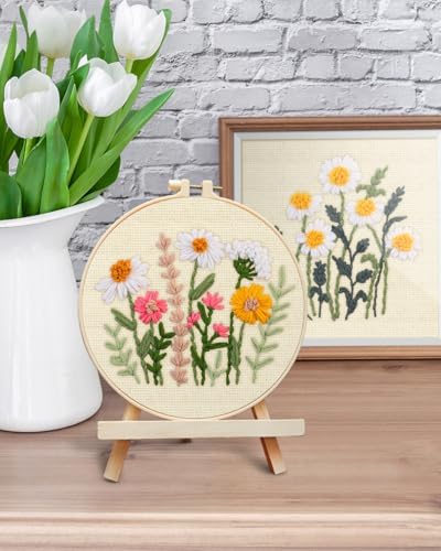 ERKOON Punch Needle Kit Adults Beginners, 2 Pcs DIY Easy Flower Embroidery Set for Starter Art Craft, Needling Punching Project with Patterns, Tools, Yarns, Hoop, Instruction (Daisies) - Image 6