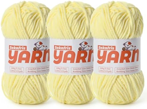 3 Pack Plush Chunky Chenille Yarn for Crocheting, Soft Fluffy Velvet Yarn for Crocheting, Fuzzy Baby Blanket Knitting Yarn, 300g/393yds Bulky Amigurumi Yarns（3 Lemon Yellow） by Sekafris