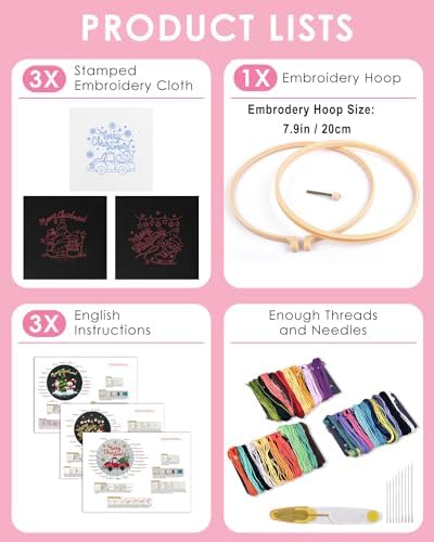 TINDTOP Christmas Embroidery Kit for Adult Beginners, 3 Sets Embroidery Stitch Practice kit Include Embroidery Cloth Hoops Threads for Craft Lover Hand Stitch - Image 2