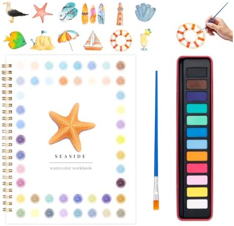 Watercolor Workbook for Adults, Beginner Friendly Watercolor Painting Kit Seaside Water Coloring Book, Nature-Themed Practice Art Gift Water Color Paint Book with Palette and Brush by Kivzex