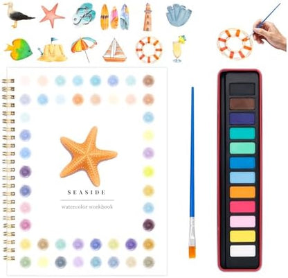 Watercolor Workbook for Adults, Beginner Friendly Watercolor Painting Kit Seaside Water Coloring Book, Nature-Themed Practice Art Gift Water Color Paint Book with Palette and Brush by Kivzex