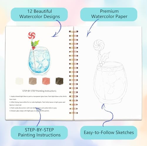 Easy Watercolor Workbook for Beginners - 12 Beautiful Step-by-Step Paintings Water Coloring Book, Includes 16 Colors Paints, Relaxing Art Projects and Creative Gift for Adults & Teen (Cocktails) - Image 3