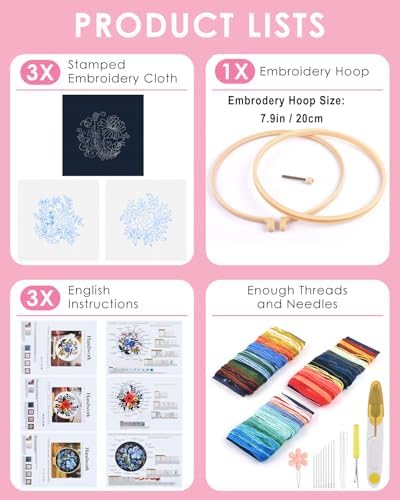 TINDTOP 3 Sets Embroidery Kit for Adults, Floral Embroidery Practice Kit - Image 2
