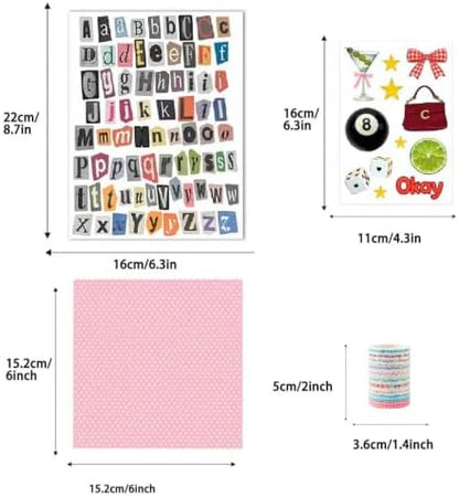 Scrapbook Supplies Kit 12 Sheets 6x6 Inch Scrapbook Paper 4 Letter Sticker Sheets 10 Washi Tape 8 Decorative Sticker Sheets for Scrapbooking Journaling Diary and Junk Journal Crafts (Girly) - Image 4