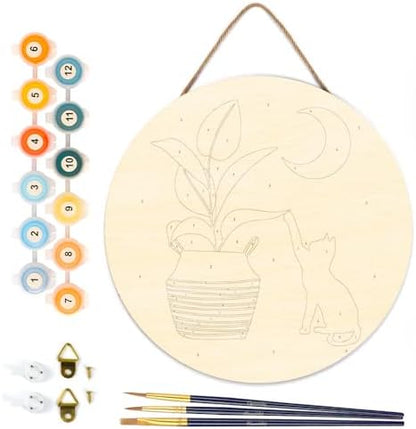 Figured'Art Paint by Numbers Kit for Adults on Wood Slice, 11.8in Diameter - Cat Plays with Plant in The Moonlight - Craft Art Painting DIY Canvas - Image 6