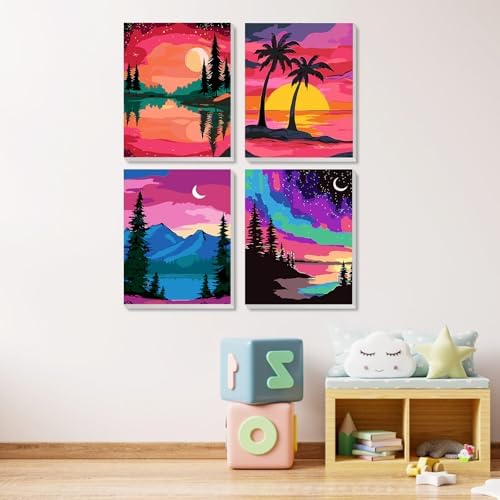 MXJSUA 4 Pack Moonlight Mountain Lake Framed Paint by Numbers Kit with Canvas for Adults Beginner, DIY Acrylic Oil Painting Kits with Brushes for Home Wall Decor Gift (8x10 inch) - Image 2