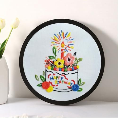 Esffaci Embroidery Starter Kit for Adult Beginner with Birthday Cake Flowers Pattern Hand Embroidery Set with Cloth Hoop Needle Threader Floss and Instruction - Image 4