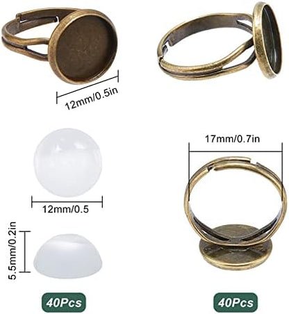 SUNNYCLUE 40Pcs DIY 20 Set Vintage Style Brass Finger Ring Base Adjustable Rings Making Kit Ring Components Blanks Clear Glass Cabochons for Jewelry Making Ring Setting Tray Bezel Antique Bronze - Image 2