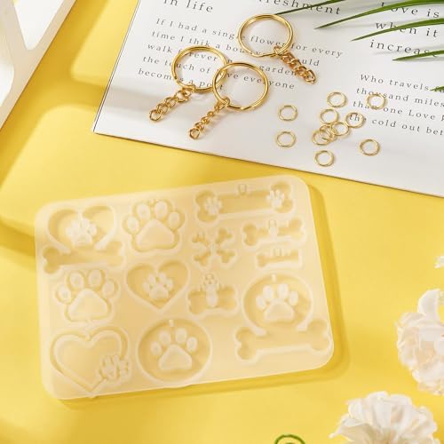 Resin Keychain Mold Epoxy Resin Molds for Keychain Making 1Pc Bone Dog Paw Heart Silicone Pendant Mold for Jewelry Making with 10Pcs Key Rings, 30Pcs Jump Rings - Image 7