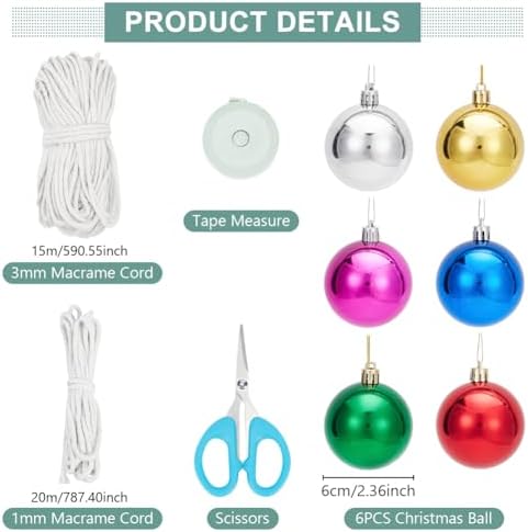 FREEBLOSS 6 Set DIY Macrame Christmas Ball Macrame Christmas Ornaments Macramé Kits for Adults Beginners Macramé Supplies for Christmas DIY Crafts Cotton Cord Hanging Ornaments - Image 3