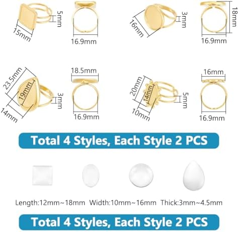 UNICRAFTALE 8Pcs 4 Styles DIY Golden Blank Ring Stainless Steel Open Cuff Ring Making Kit Real 18K Gold Plated with Glass Cabochons Rings 16.9mm Base Ring Bezel Tray for Jewelry Making - Image 3
