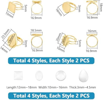 UNICRAFTALE 8Pcs 4 Styles DIY Golden Blank Ring Stainless Steel Open Cuff Ring Making Kit Real 18K Gold Plated with Glass Cabochons Rings 16.9mm Base Ring Bezel Tray for Jewelry Making - Image 3