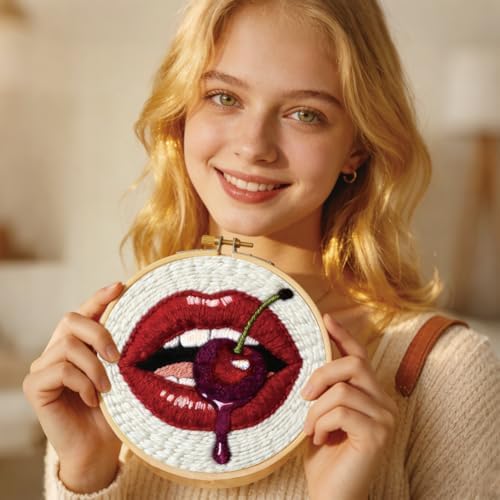 BEUNITONE Mouth and Cherry Punch Needle Kit for Adults Beginners, Complete DIY Craft Needlepoint Kits with Hoop, Punch Needle Starter Craft Embroidery Set for Festival Gift and Home Decor 20x20cm - Image 6