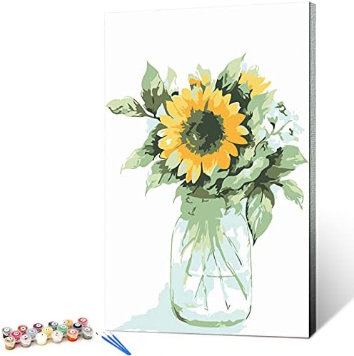 Ginkko Paint by Numbers for Adults Kids Beginners with Wooden Frame Easy Acrylic on Canvas 12x16 inch with Paints and Brushes, Vase Sunflower(Include Framed) by Ginkko