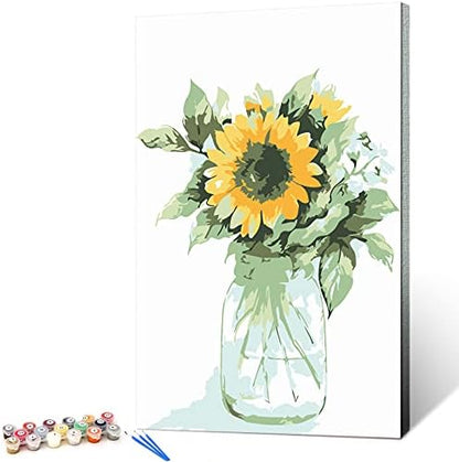 Ginkko Paint by Numbers for Adults Kids Beginners with Wooden Frame Easy Acrylic on Canvas 12x16 inch with Paints and Brushes, Vase Sunflower(Include Framed) by Ginkko