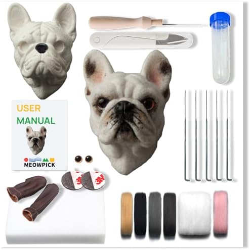 MeowPick Dog Head Needle Felting Kit with Upgraded Breed-Specific Mold - Complete DIY Wool Felting Starter Set for Beginners (French Bulldog) by MEOWPICK