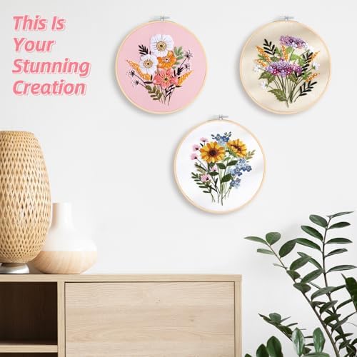 Sopoloray 4 Pack Embroidery Kit for Beginners Adults,Cross Stitch Kit with Floral Patterns,Complete Starter Set with Hoop,Pre-Printed Fabrics,Threads,Needles,Scissors,Hand Craft Lover Gift - Image 6