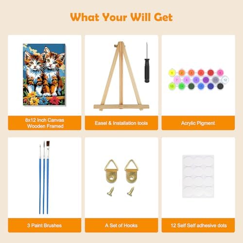 MOGTAA Paint by Numbers Kit for Adults with Frame, Cat Paint by Number Canvas, Flowers Scenery Paint by Numbers with Easel, DIY Animal Oil Painting Kit for Home Wall Decor 8 x 12 Inch - Image 5