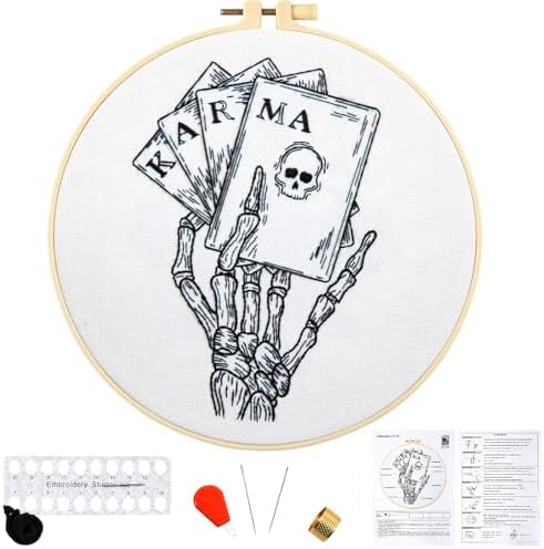 Gothic Tarot Embroidery Kits for Beginners Adults, Halloween Hand Bone Embroidery Starter Kits, Skull Cross Stitch Kits for Beginner Adults Hobbies for Women, Embroidery Fabric, Hoops & Video Tutorial by Unknown