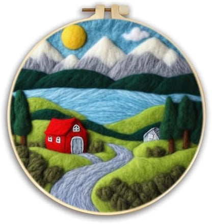 CaptainCrafts DIY Needle Felting Starter Kit with Picture Hoop, Foam Pad, Felt Cloth, Instructions for Home Decoration, Beginner Art Craft (Green Home Scenery) by CaptainCrafts
