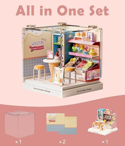 Ice Cream Shop Miniature House Kit, Plastic DIY Dollhouse with Ice Cream Display Counter & Serve Cones, Stackable Transparent Dust Cover, Cute Desktop Decor for Girls Adults Teens - Image 4