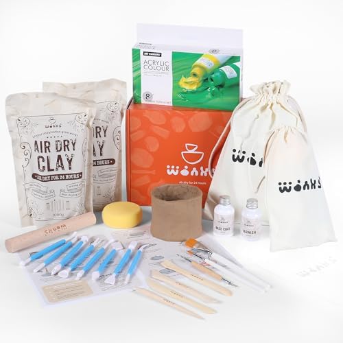 Wonks Air Dry Clay Pottery Kit for Adults & Kids - 30 Piece Kit - Acrylic Paint & Sculpting Tools Included - Carving Tools, Sponge & More - A Complete Beginners Pottery Set - 2KGs of Clay Included by Unknown