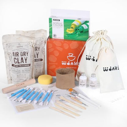 Wonks Air Dry Clay Pottery Kit for Adults & Kids - 30 Piece Kit - Acrylic Paint & Sculpting Tools Included - Carving Tools, Sponge & More - A Complete Beginners Pottery Set - 2KGs of Clay Included by Unknown